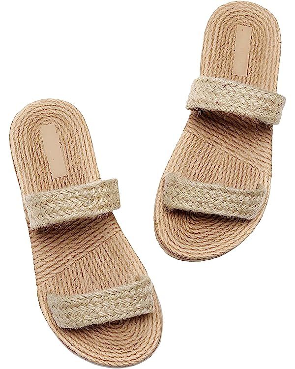 GORGLITTER Straw Strap Slide Sandals Soft Open Toe Flat Sandals | Amazon (US)