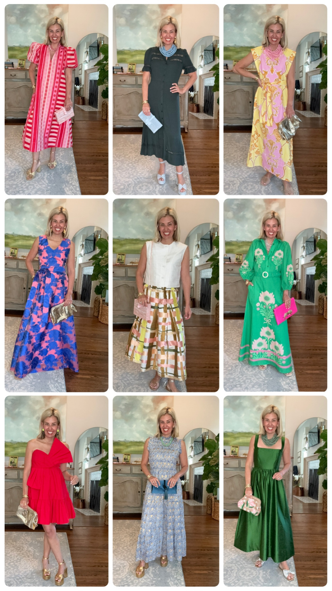 Wedding guest dressed…

Red dress- size 2
Blue and gold- size xs
Green dress- size xs
Green & pink- size s
Blue and pink- size xs
Pink & yellow- size small
White top- size small, plaid skirt - xs
Dark dress- xs 
Pink & red- xs


#LTKootd #LTKOver40