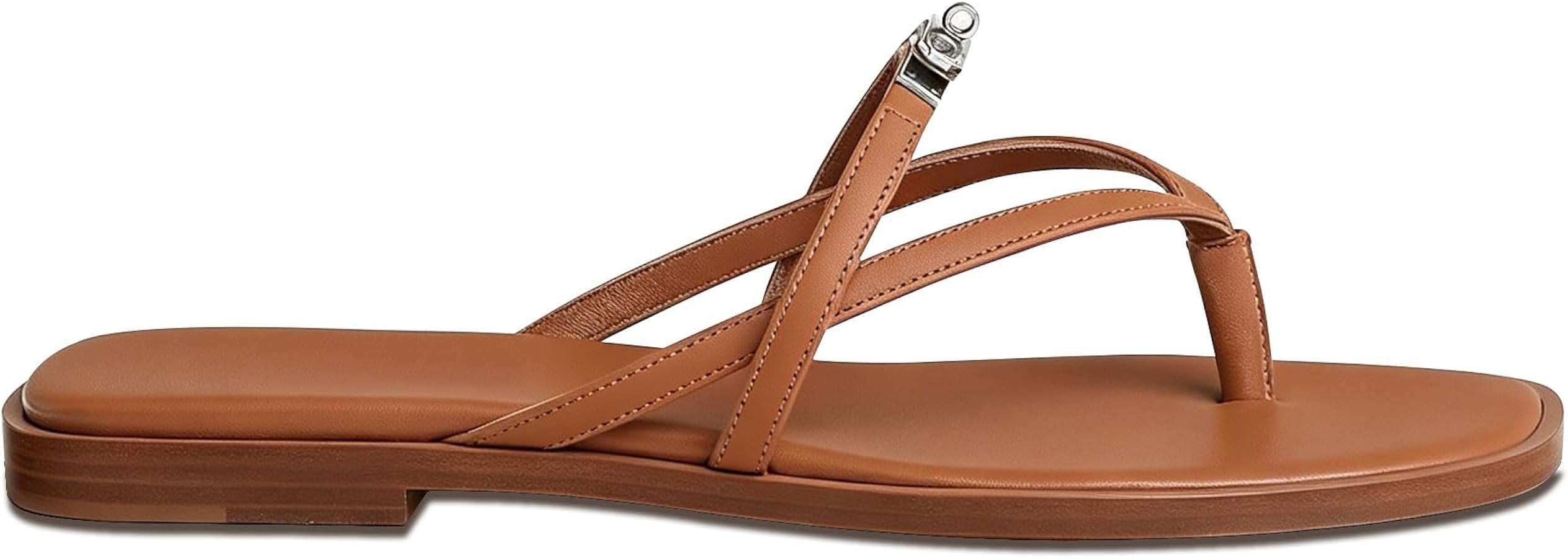 Women's Simple Flat Thong Sandals | Cowhide Leather | Metal Buckle Detail | Comfortable Square Heel | Casual and Stylish Everyday Sandals | Amazon (US)