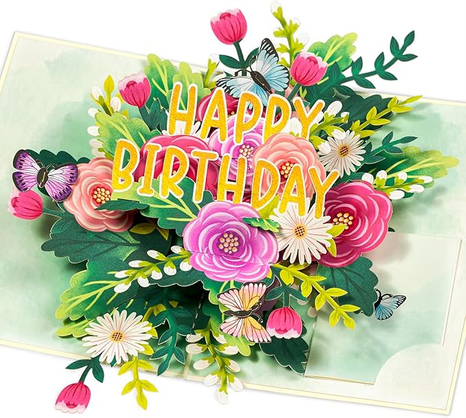 POPWOW Happy Birthday Pop Up Card, Flowers and Butterflies, Floral 3D Greeting Card, Gift for Mom... | Amazon (US)