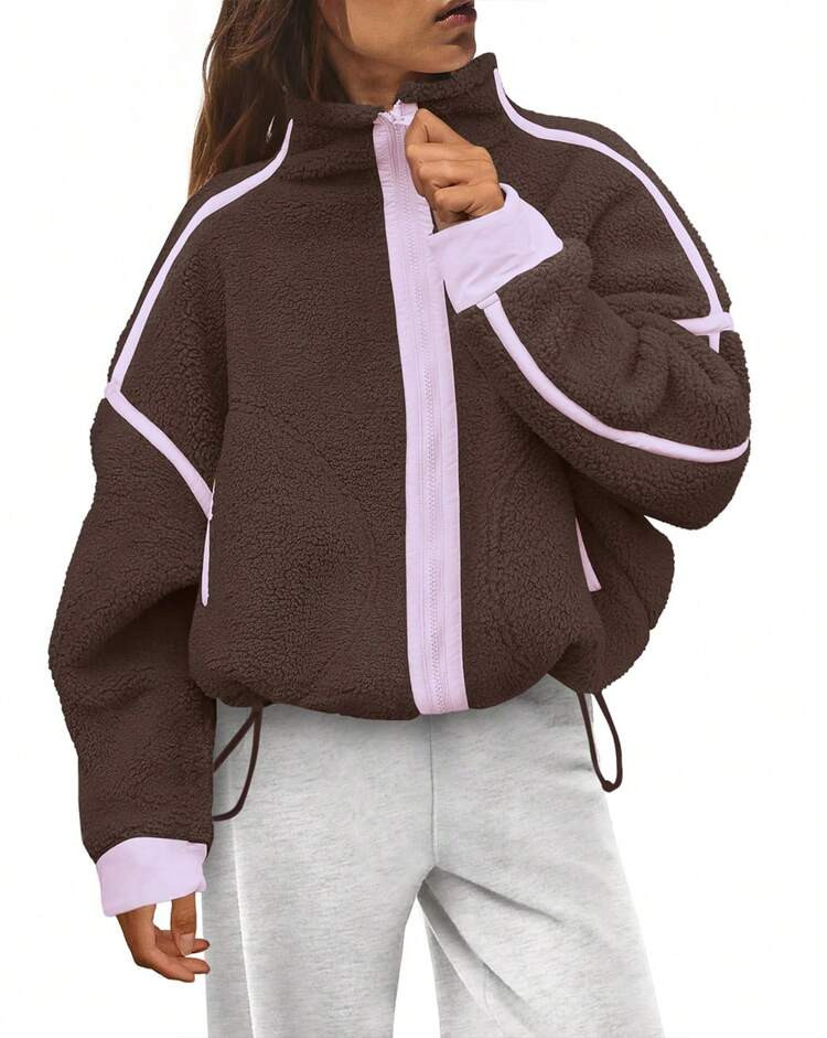 Women's Casual Elegant Polyester Coat With Stand Collar Long Drop Shoulder Sleeves And Zipper Detail | SHEIN