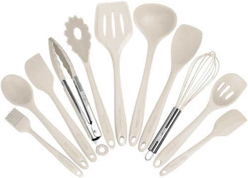 Kitchen Utensil Set - 11 Cooking Utensils - Colorful Silicone Kitchen Utensils - Nonstick Cookware with Spatula Set - Colored Best Kitchen Tools Kitchen Gadgets (Khaki) | Amazon (US)