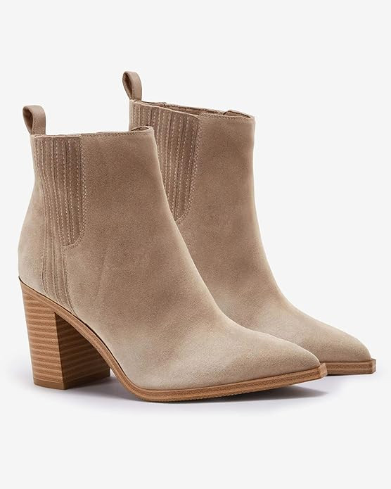 Imily Bela Womens Ankle Boots Pointed Toe Chunky Stacked Mid Heeled Faux Suede Leather Booties | Amazon (US)