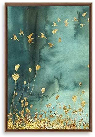 SIGNFORD Framed Canvas Print Wall Art Golden Birds Fly Over Flower Field Abstract Wilderness Illu... | Amazon (US)