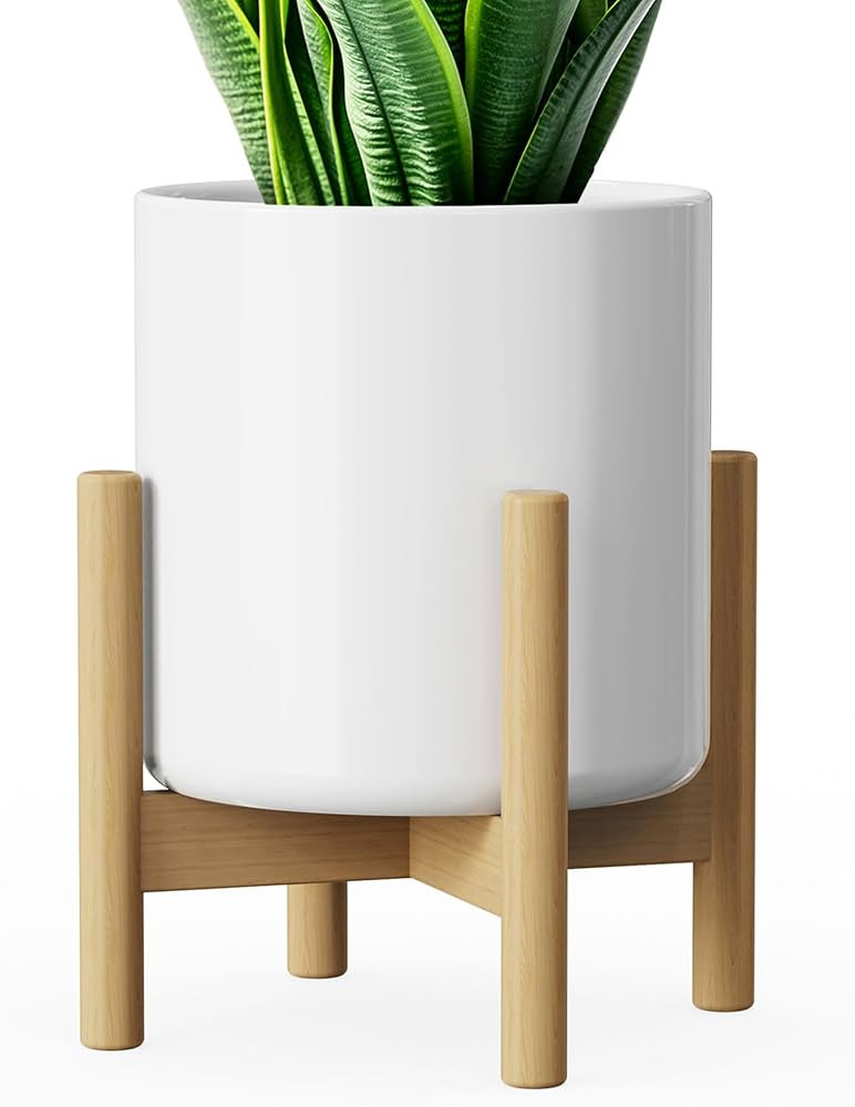 8 Inch Ceramic Planter with Wood Stand, Mid-Century Modern Minimalist Design Plant Pot with Drain... | Amazon (US)