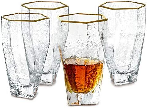 G Hammered Hexagon Tall Trumpet Gold Rim Highball Glass set of 4, 13.7 oz | Amazon (US)