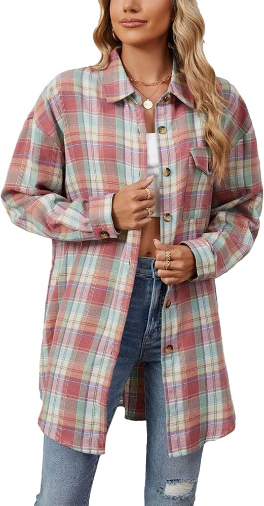 Zontroldy Womens Button Down Flannel Plaid Shirts Mid Long Casual Boyfriend Buffalo Pockets Shirt... | Amazon (US)