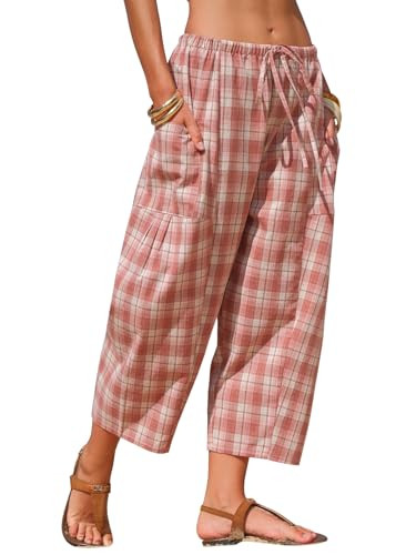 EXLURA Womens Cotton Faux Linen Gingham Barrel Capri Pants Plaid Palazzo Trousers Harem Pants Poc... | Amazon (US)