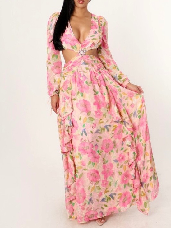 LONG SLEEVE PINK FLORAL MAXI DRESS WITH RUFFLES AND CUTOUT | Poshmark