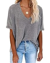 EVALESS Oversized V Neck Tops for Women Casual Short Sleeve Waffle Knit Shirts Cotton T Shirts Solid | Amazon (US)