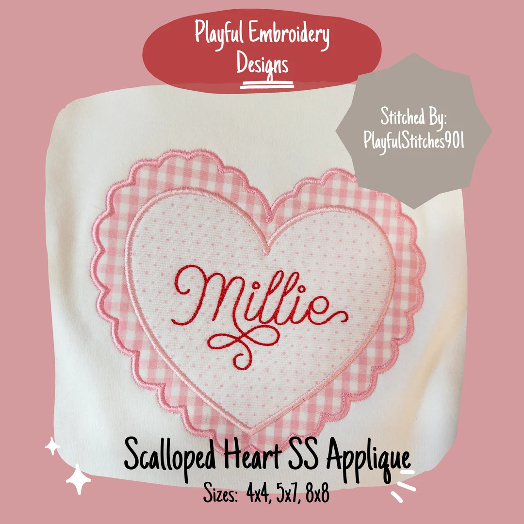 Scalloped Heart Satin Stitch Applique Design, Valentine's Applique Machine Embroidery Design - Et... | Etsy (US)
