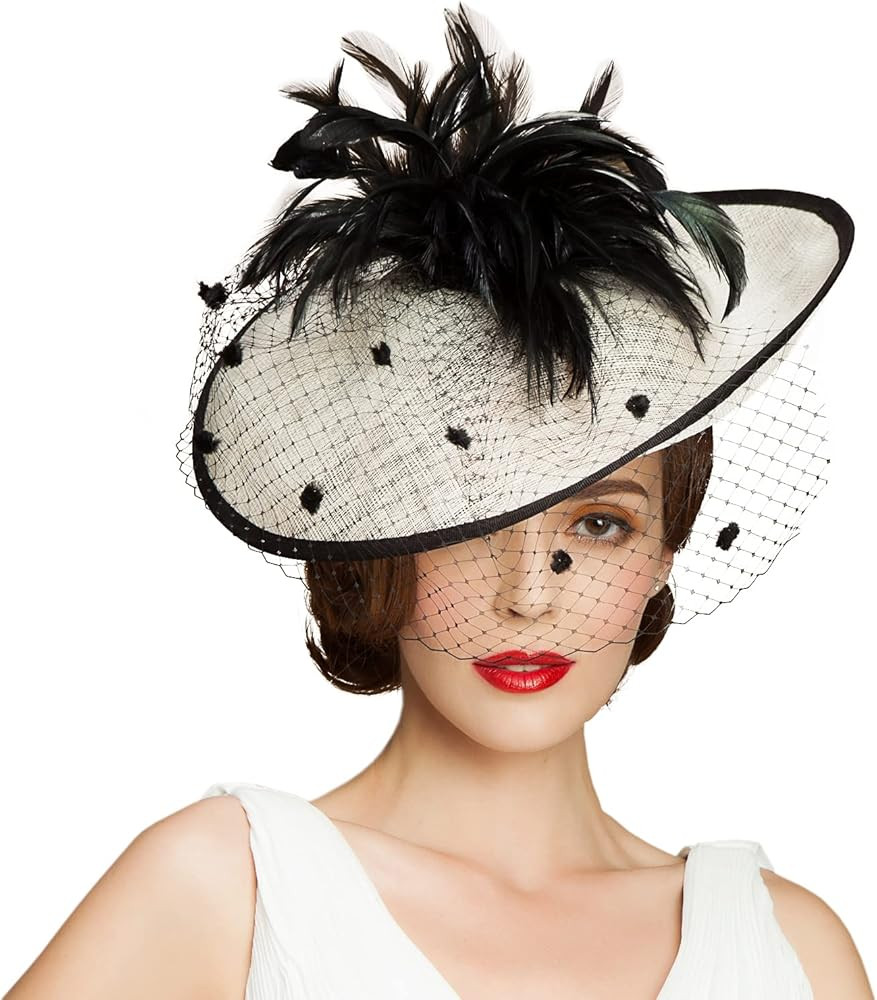 White Fascinator Hats for Women - Sinamay Fascinator with Veil Feather Tea Party Derby Hats Pillbox Hat Headband | Amazon (US)