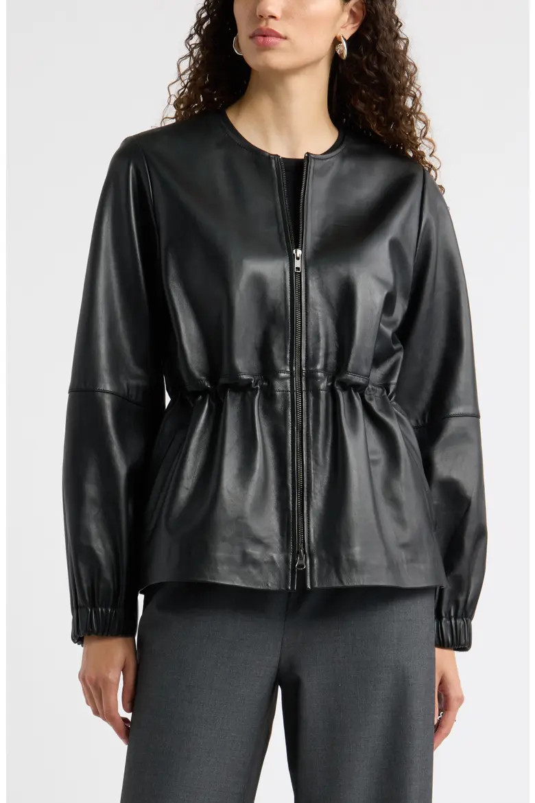 Nordstrom Cinch Waist Leather Jacket in Black at Nordstrom, Size X-Small | Nordstrom