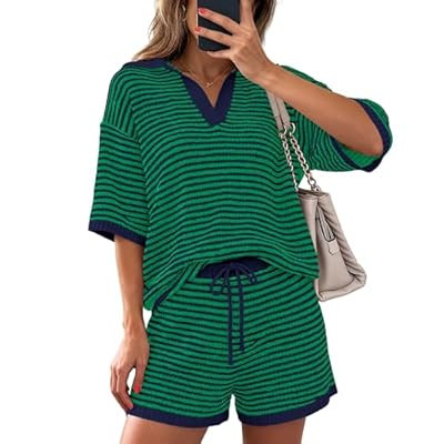 PRETTYGARDEN Women 2 Piece Lounge Sets Short Sleeve V Neck Striped Tops… | Amazon (US)