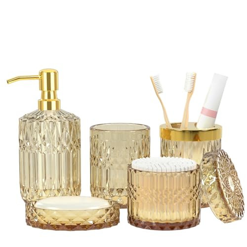 Brown Bathroom Accessory Set 5PCS - Amber Glass Bathroom Accessories with Toothbrush Holder Set, Soap Dispenser, Soap Dish, Tumbler, Cotton Swab Jars, Vintage Bathroom Decor Set Housewarming Gift | Amazon (US)