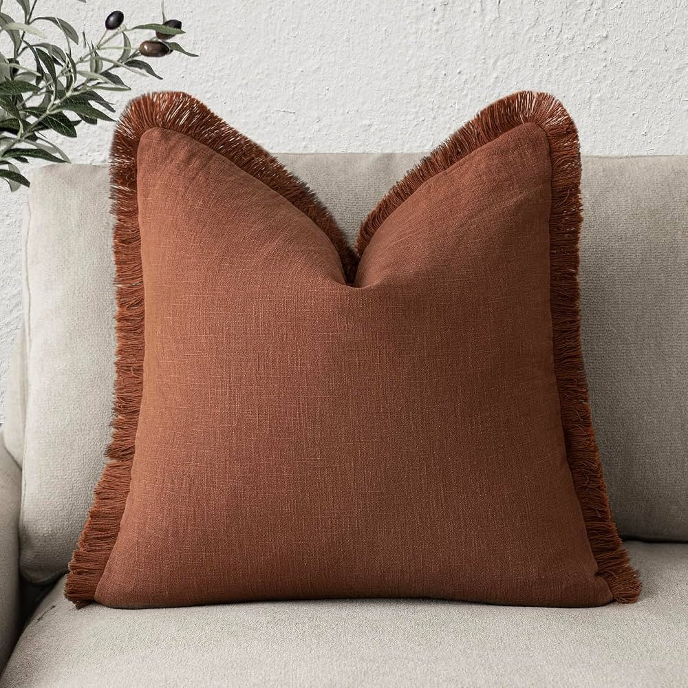 Foindtower Decorative Linen Fringe Throw Pillow Covers Boho Farmhouse Cushion Cover with Tassels ... | Amazon (US)