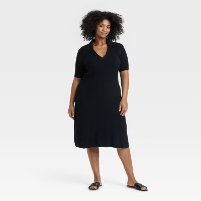 Women's Short Sleeve Ribbed Midi Sweater Dress - Ava & Viv™ Black 1X: Polo Collar, Midweight, Plus Size | Target