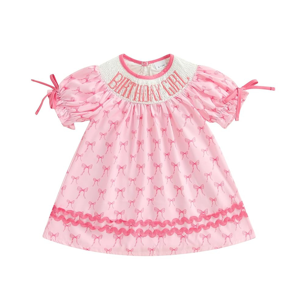 Lamuusaa Toddler Baby Girl Birthday Outfit Birthday Girl Smocked Embroidery Dress Bow Print Playw... | Amazon (US)