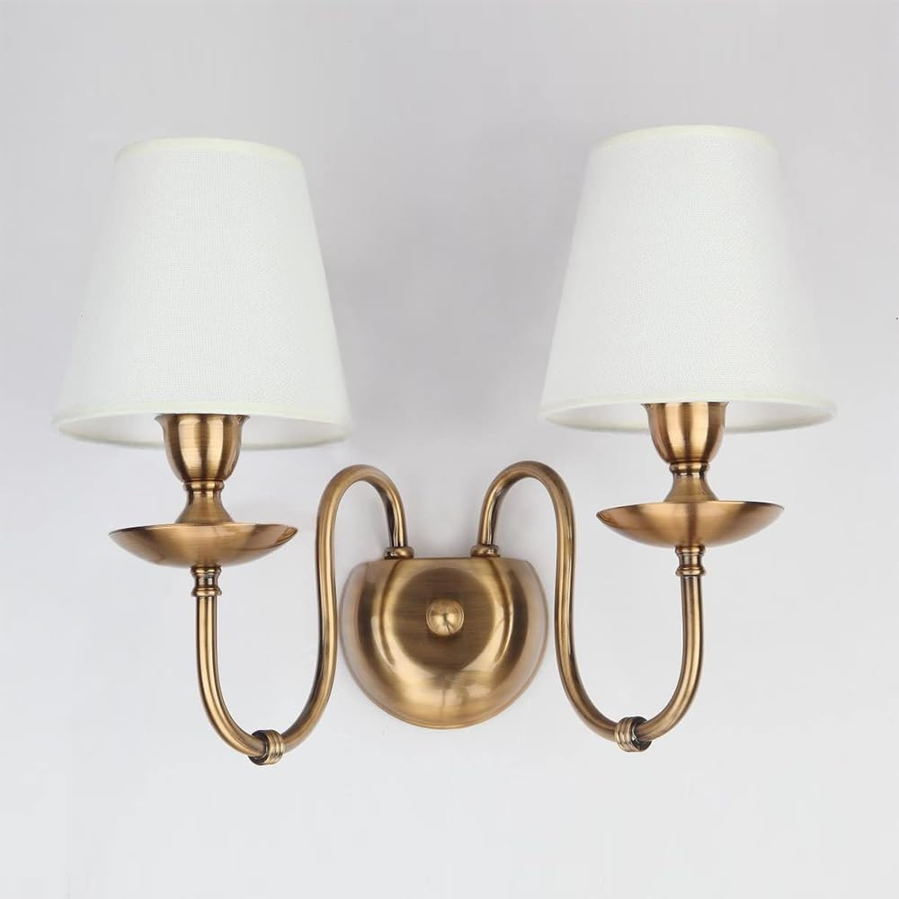 Aiwen 2-Light Bedroom Wall Lamps Polished Solid Brass Finish Wall Lights with White Flax Fabric S... | Amazon (US)