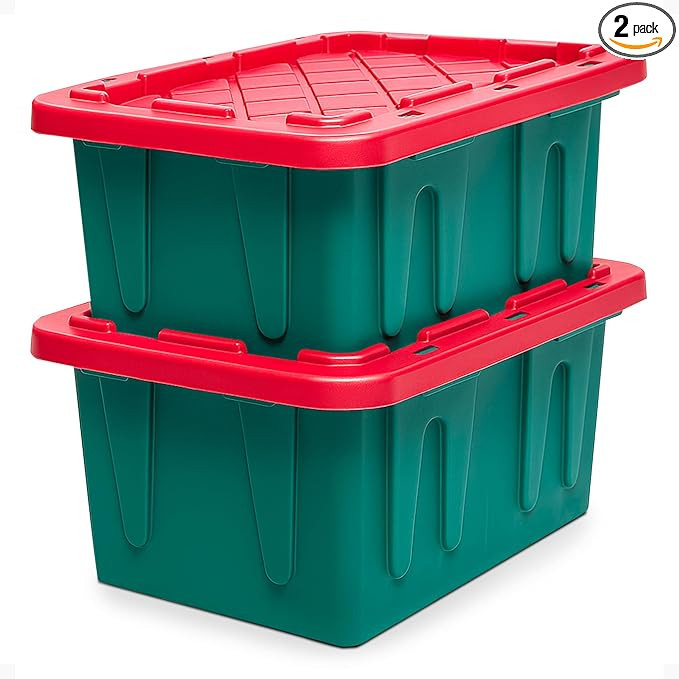 HOMZ 2-Pack Durabilt, Heavy Duty Plastic Storage Bins with Lids, 15 Gallon, Green/Red - Stackable... | Amazon (US)
