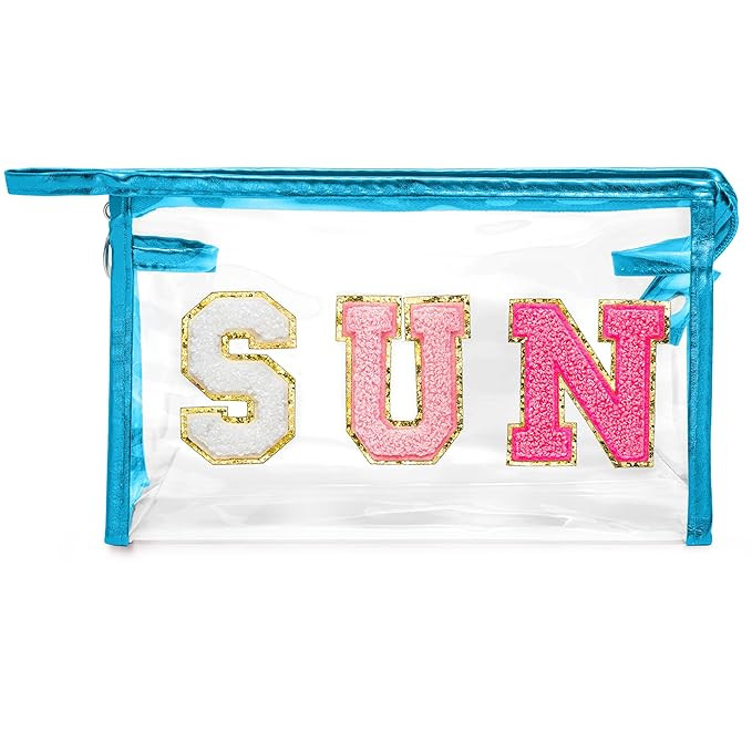Y1tvei Clear SUN Makeup Bag - Preppy Rose Red SUN Chenille Varsity Letter Cosmetic Bag PVC Transp... | Amazon (US)