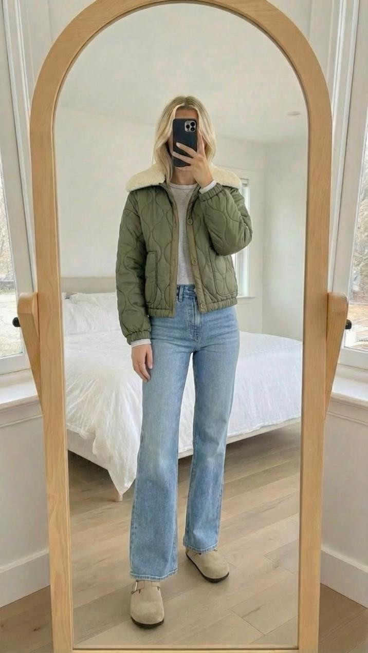 This target outfit is so cute. I paired this gorgeous green jacket gives you that quilted kind of look with a sharper color with a really like gray long sleeve T-shirt. You can literally pull anything out of your closet for this and then put on some Levi jeans with some really cute shoes this entire outfits from target you can get it at a major discount. Super easy classic winter look

#LTKOver40 #LTKmorningroutine #LTKgrwm