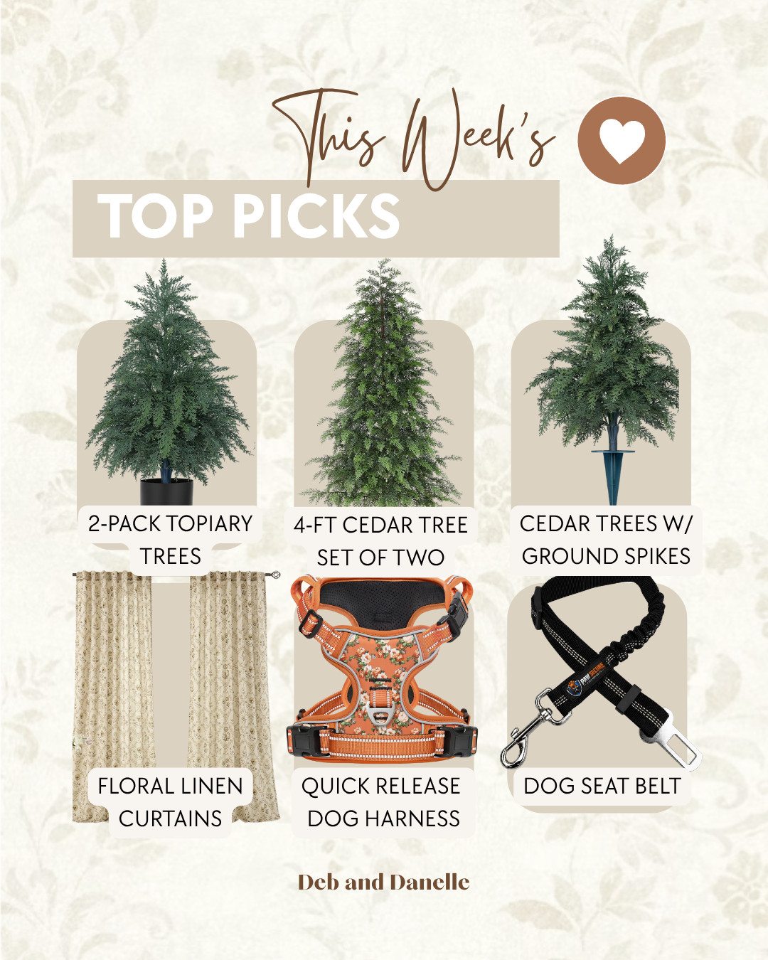 Our most-loved items of the week include our faux cedar trees, floral curtains, and our dog's harness and seat belt harness. 

 #LTKSeasonal #LTKHome
