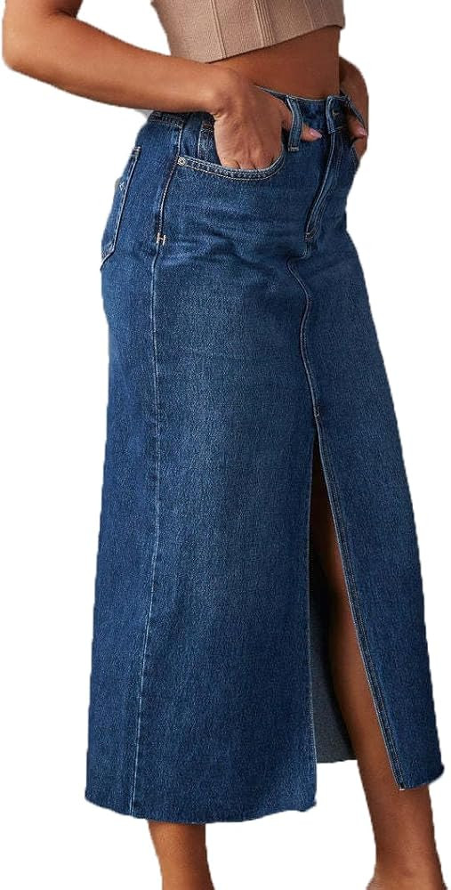 Women High Waisted Denim Skirts Trendy Front Slit A-Line Slim Fit Midi Jean Skirt Casual Straight... | Amazon (US)