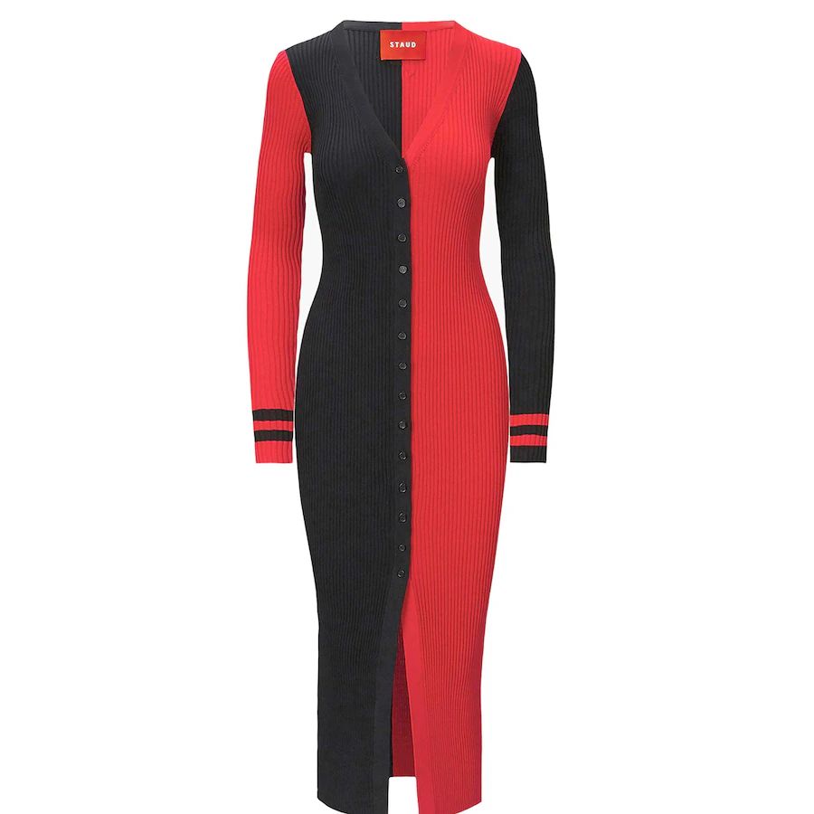 Women's Atlanta Falcons STAUD Black/Red Shoko Knit Button-Up Sweater Dress | NFL Shop