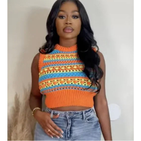 Zara Pom Pom Knit Sweater Vest Orange Green Blue Round Neckline Size Medium | Poshmark