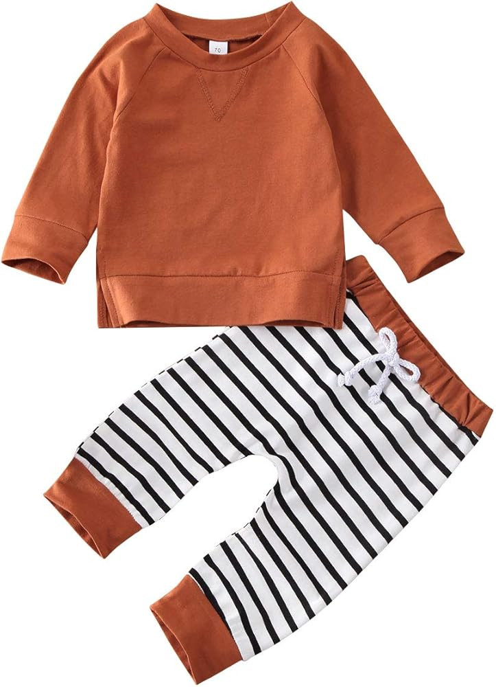 Toddler Baby Boy Clothes 2pcs Fall Outfits Long Sleeve Solid Sweatshirt T-Shirt Top Striped Draws... | Amazon (US)