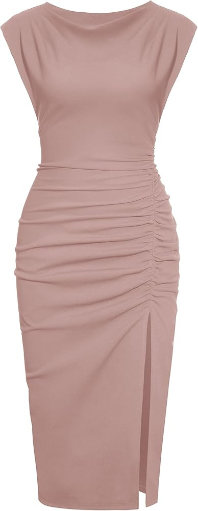 ihot 2026 Women's Mock Neck Side Slit Ruched Bodycon Cocktail Party Wedding Guest Midi Dress | Amazon (US)