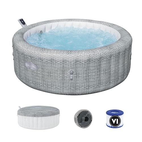 Bestway SaluSpa Bali Smart AirJet Inflatable Hot Tub Round Portable 4 to 6 Person Spa with 140 AirJets, App Control and EnergySense Cover, Grey Rattan | Amazon (US)