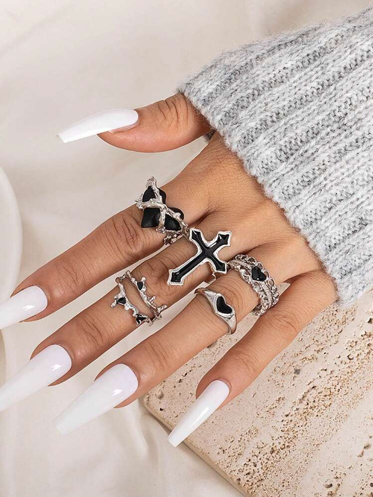 5pcs/Set Fashionable Exquisite Black Heart & Cross With Rhinestone Detail Adjustable Oil Drop Ope... | SHEIN