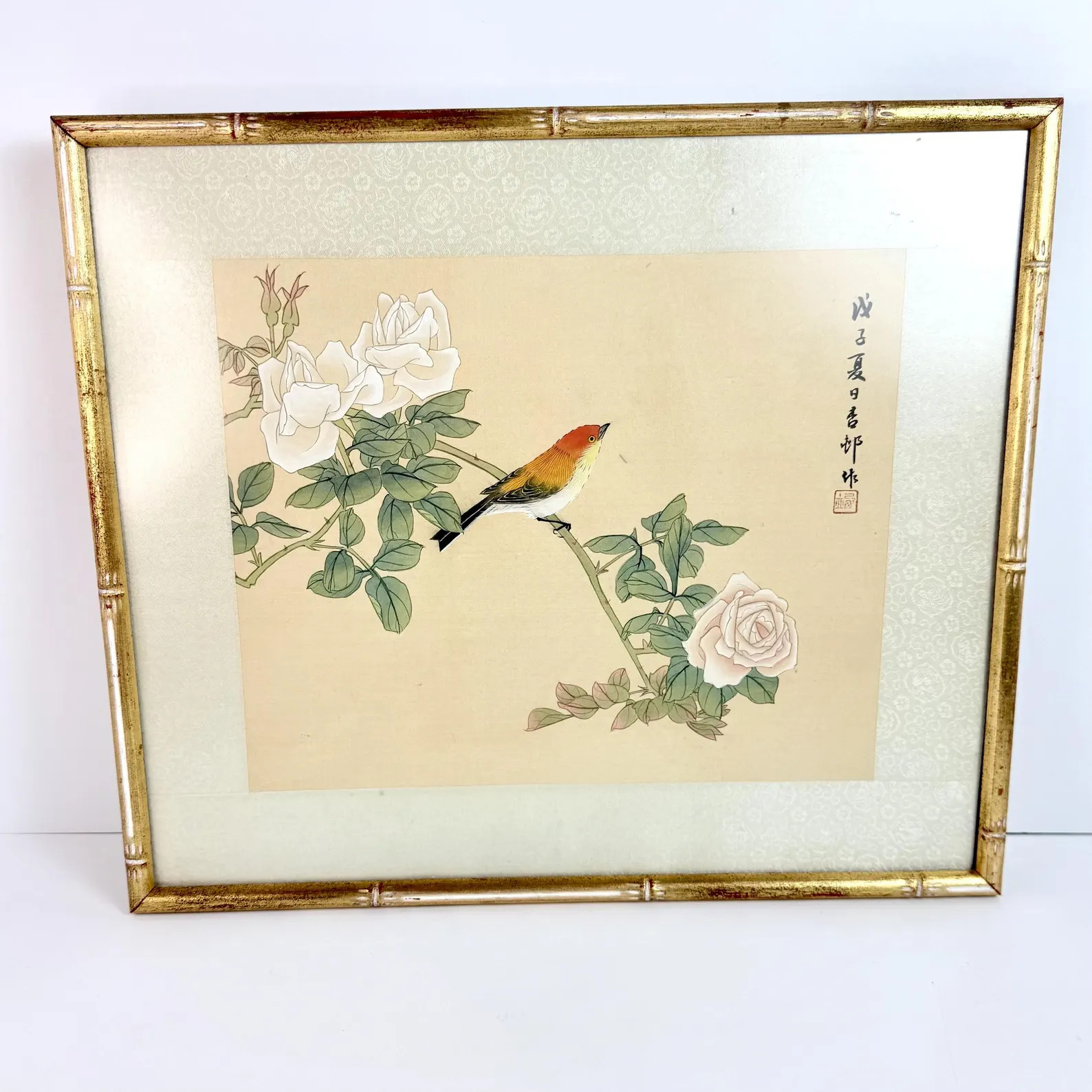 Vintage Framed Asian Watercolor on Silk Painting Red Headed Weaver Bird & Roses | Etsy (Global)
