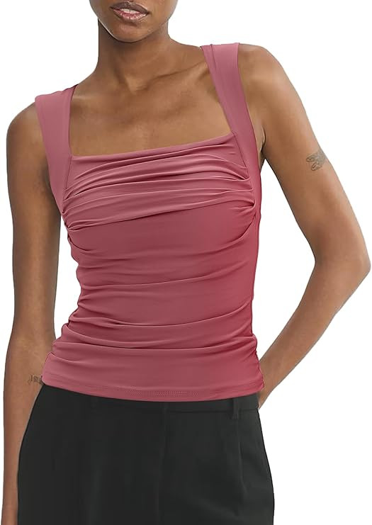Darong Women's Padded Square Neck Double Lined Tank Tops Built in Bra Ruched Summer Sleeveless Go... | Amazon (US)