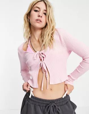 Weekday Tie organic cotton cardigan with tie front in pink | ASOS (Global)