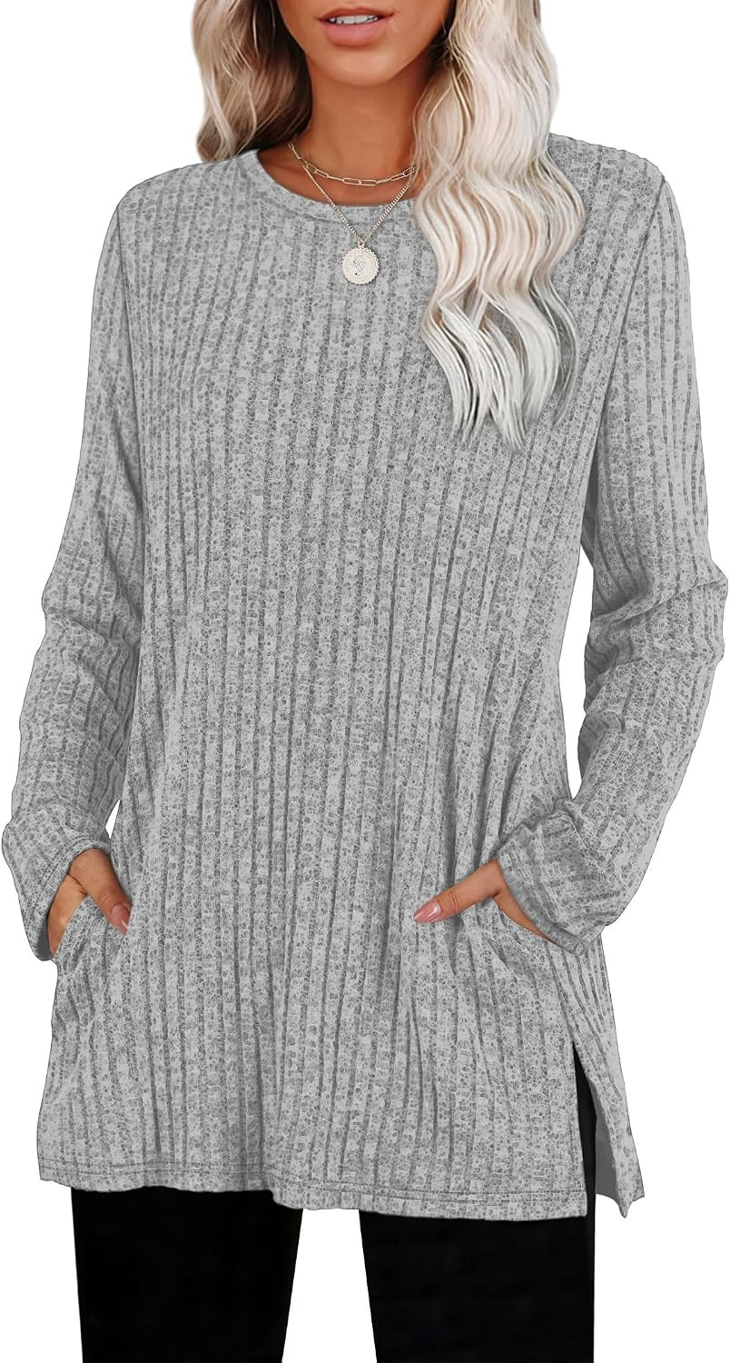 Sampeel Womens Sweaters Crewneck Long Sleeve Shirts with Pockets Fall Outfits 2026 Fashion Winter Clothing Side Slit | Amazon (US)