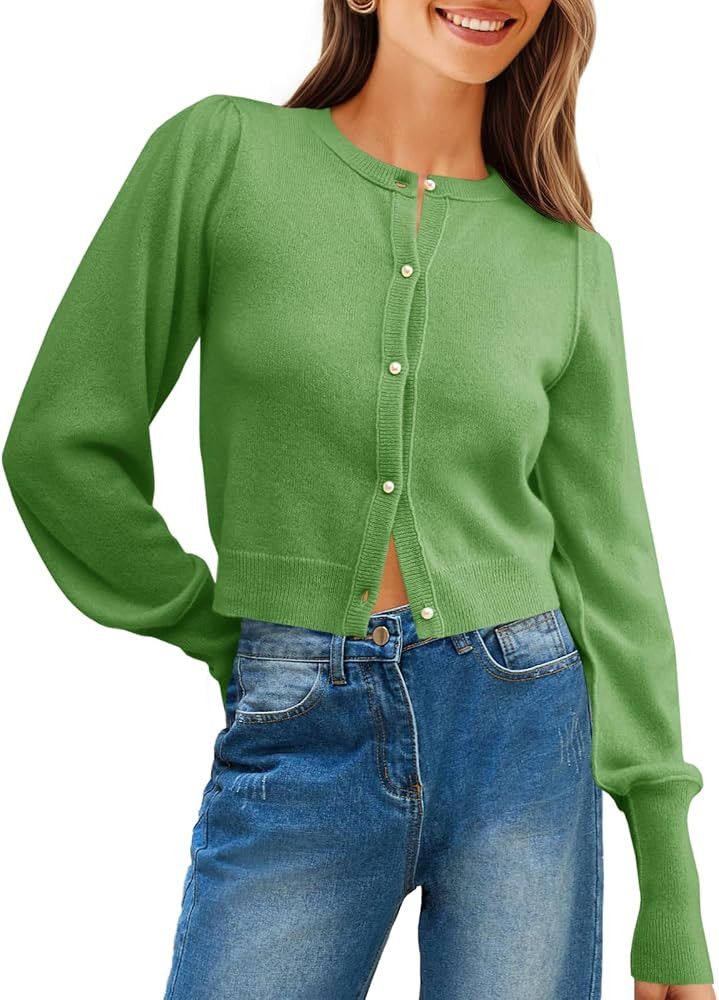 Saodimallsu Womens Cropped Cardigan Sweaters Crew Neck Button Down Long Puff Sleeve Loose Knit Fa... | Amazon (US)