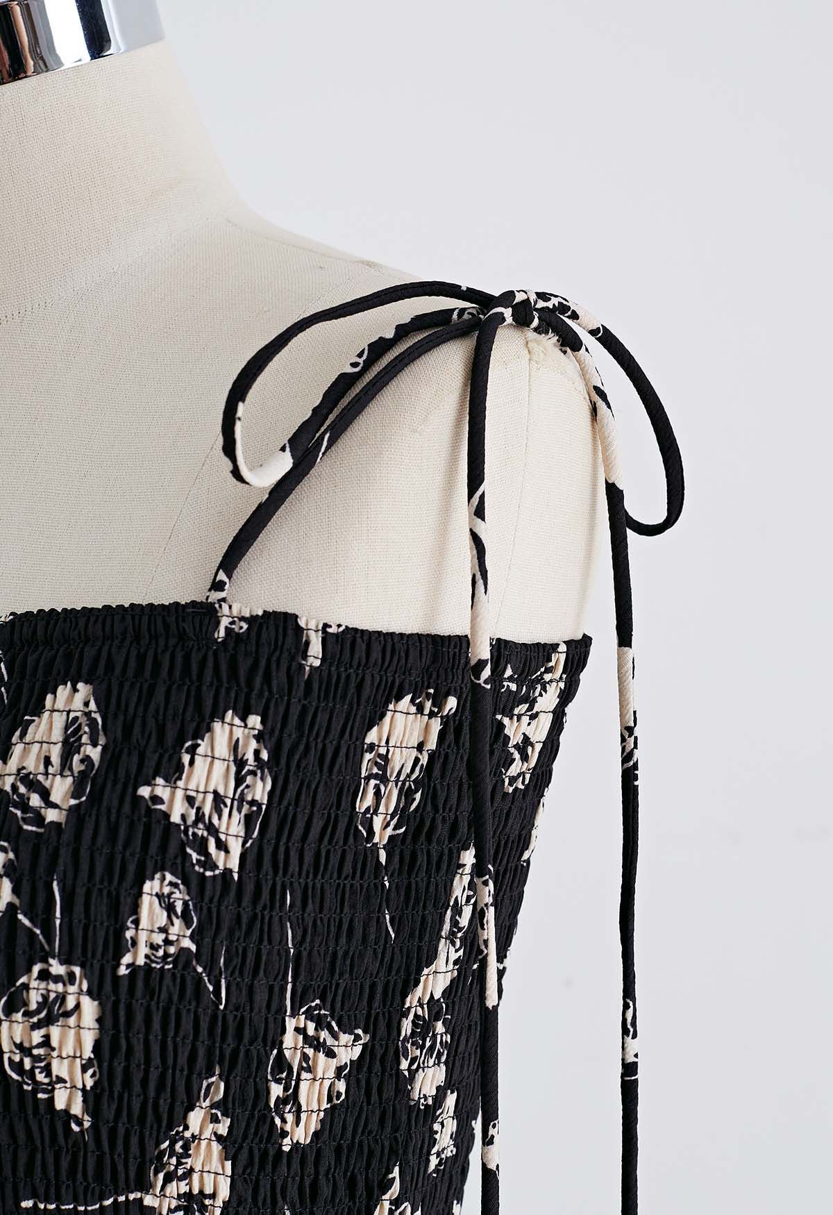Contrast Tulip Tie-Shoulder Frilling Dress in Black | Chicwish
