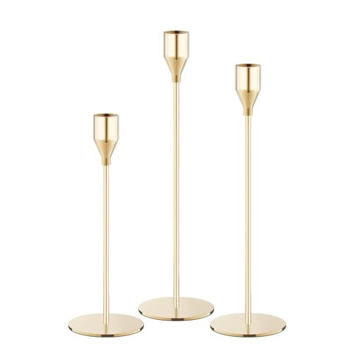 NLBTW Gold Taper Candle Holders, Set of 3 Metal Candlestick Holders for Candle Sticks Holder Decor, Ideal for Mantle Table Centerpiece, Weddings, Dining, Housewarming Gift & Anniversaries | Amazon (US)