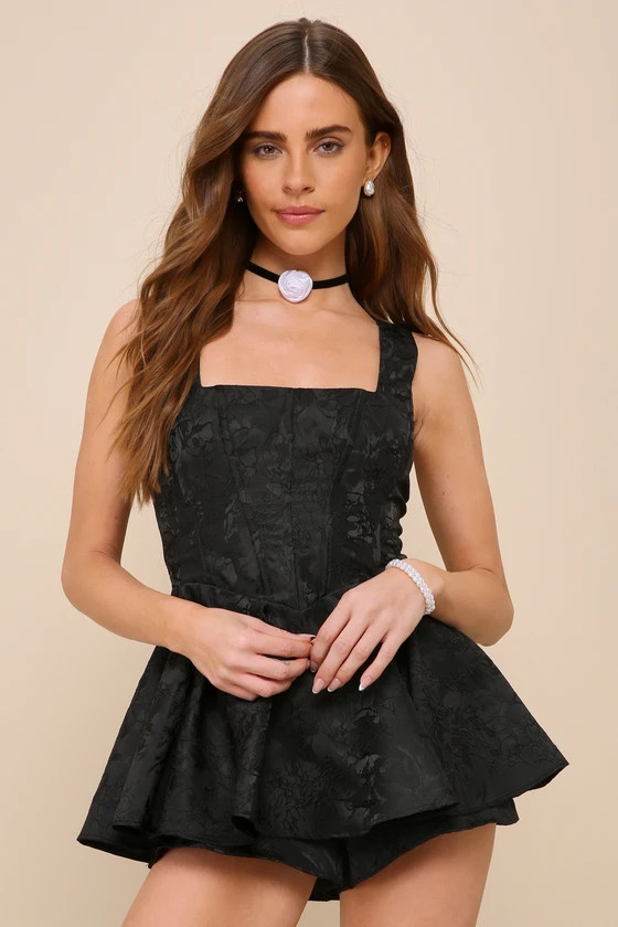 Radiant Flair Black Floral Jacquard Bustier Skort Romper | Lulus