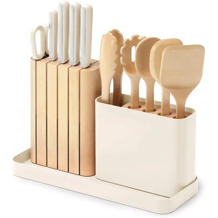 Caraway 14-Piece Kitchen Prep Set - Kitchen Knife Set & Wooden Utensil Set - Made With Premium German Steel Blades & FSC-Certified Birch Wood Materials - Includes Organizer - Cream | Walmart (US)