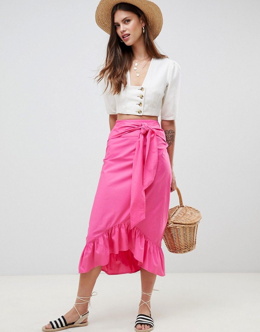 ASOS DESIGN cotton midi skirt with tie belt and ruffle hem - Pink | ASOS US