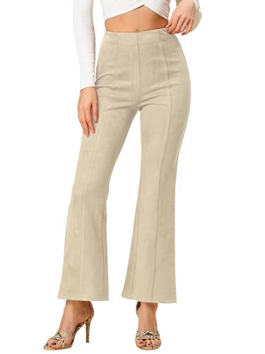 Allegra K Women's Faux Suede Pants Business Casual Wide Legs Bell Bottom Flared Trousers Large Beige | Amazon (US)