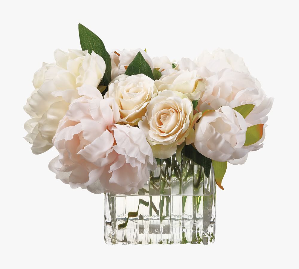 Faux Peony & Rose Arrangement In Glass Vase | Pottery Barn (US)