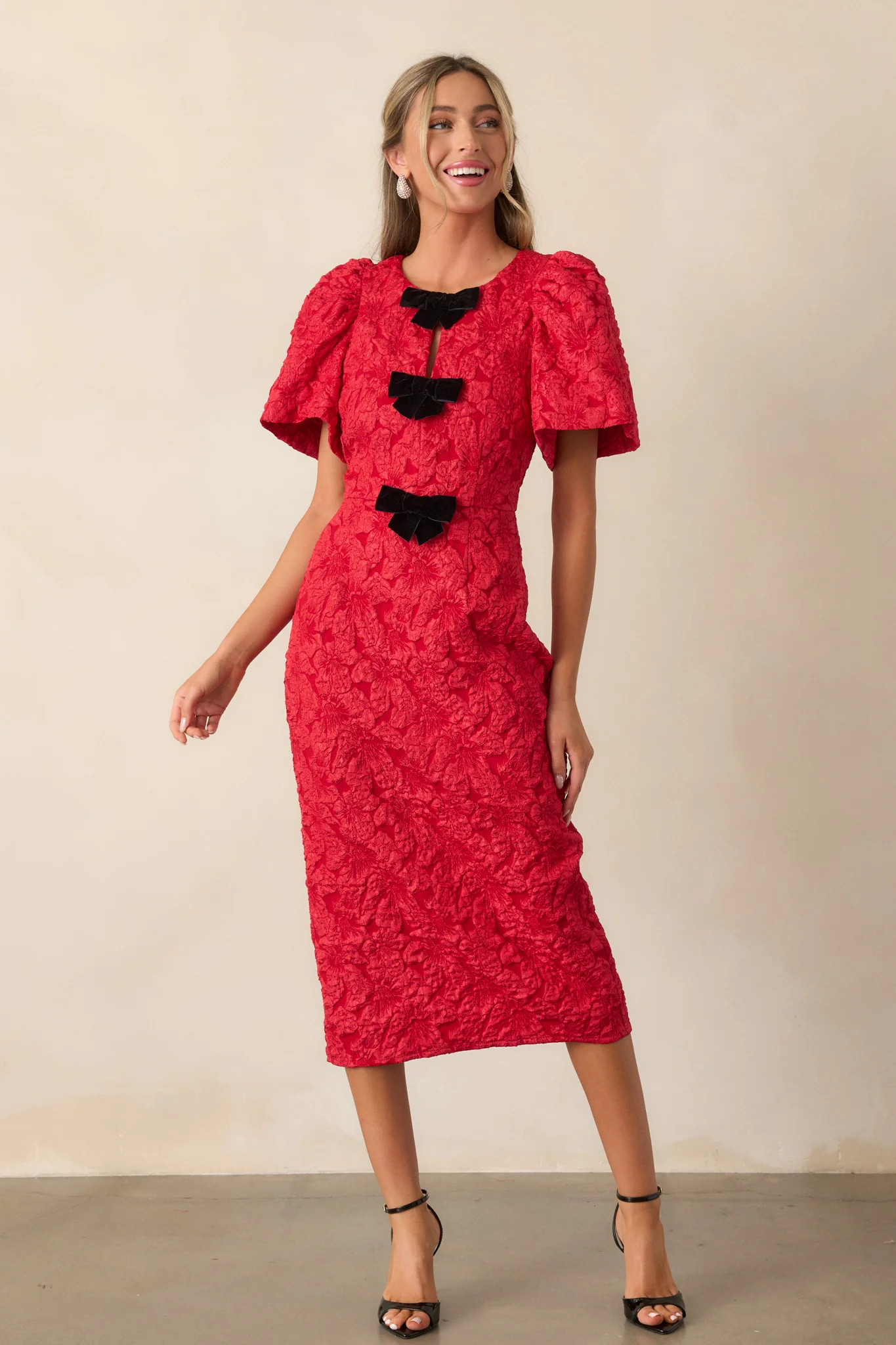 Simple Times Red Jacquard Midi Dress | Red Dress