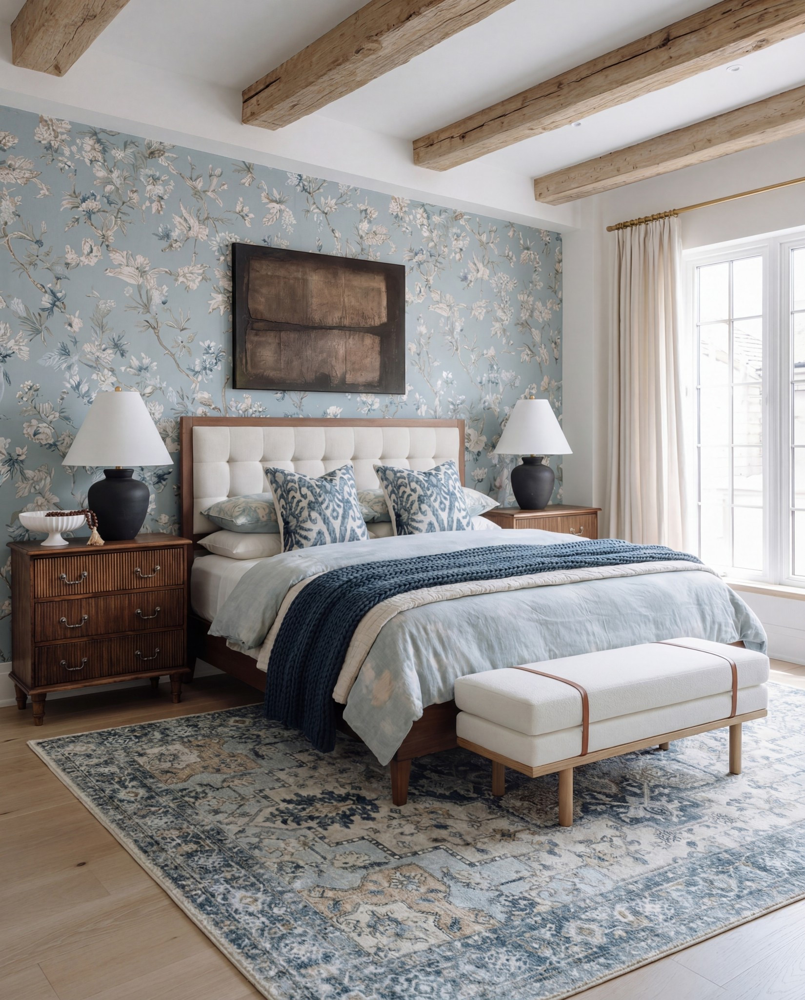 Shop the Look:
• Blue floral wallpaper (soft + vintage-inspired)
• Tufted cream headboard
• Warm wood nightstands
• Black ceramic table lamps
• Light blue duvet set
• Navy chunky knit throw
• Upholstered bench with leather detail
• Blue + beige vintage-style rug
• Sheer cream window drapes

#LTKSaleAlert #LTKFindsUnder100 #LTKHome