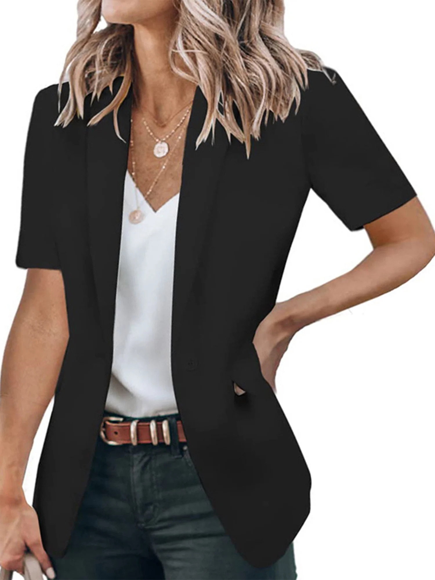 Capreze Womens Short Sleeve Blazers Open Front Work Office Jackets Blazer Fake Pocket | Walmart (US)