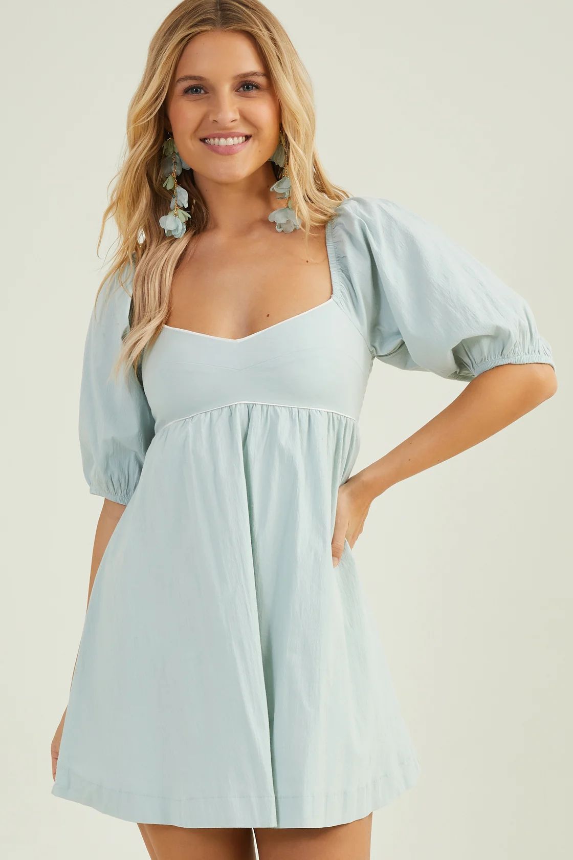 Rylee Puff Sleeve Mini Dress in Sage | Altar'd State | Altar'd State